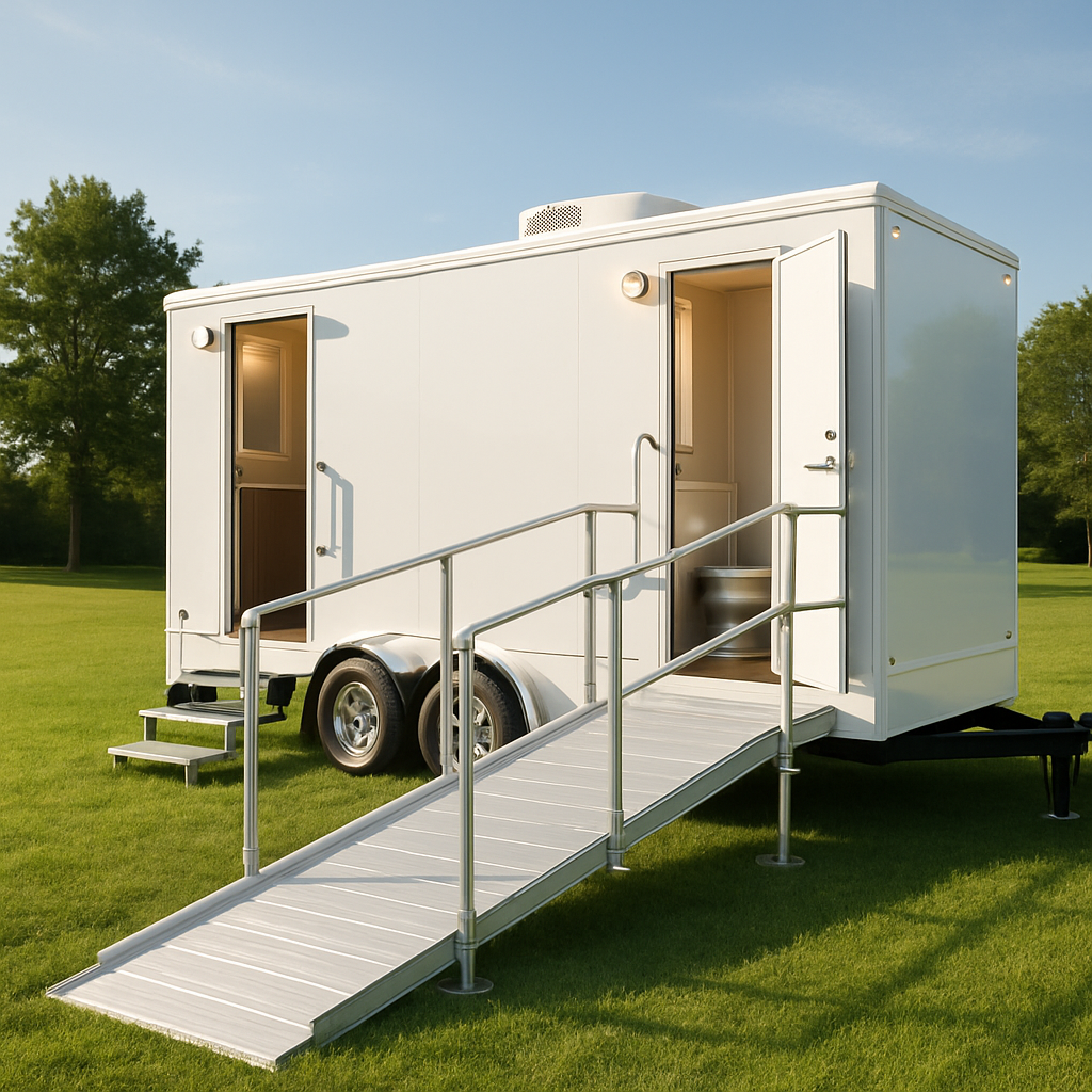 ADA restroom trailer with ramp and wide doorway for Jacksonville public events and accessible rentals