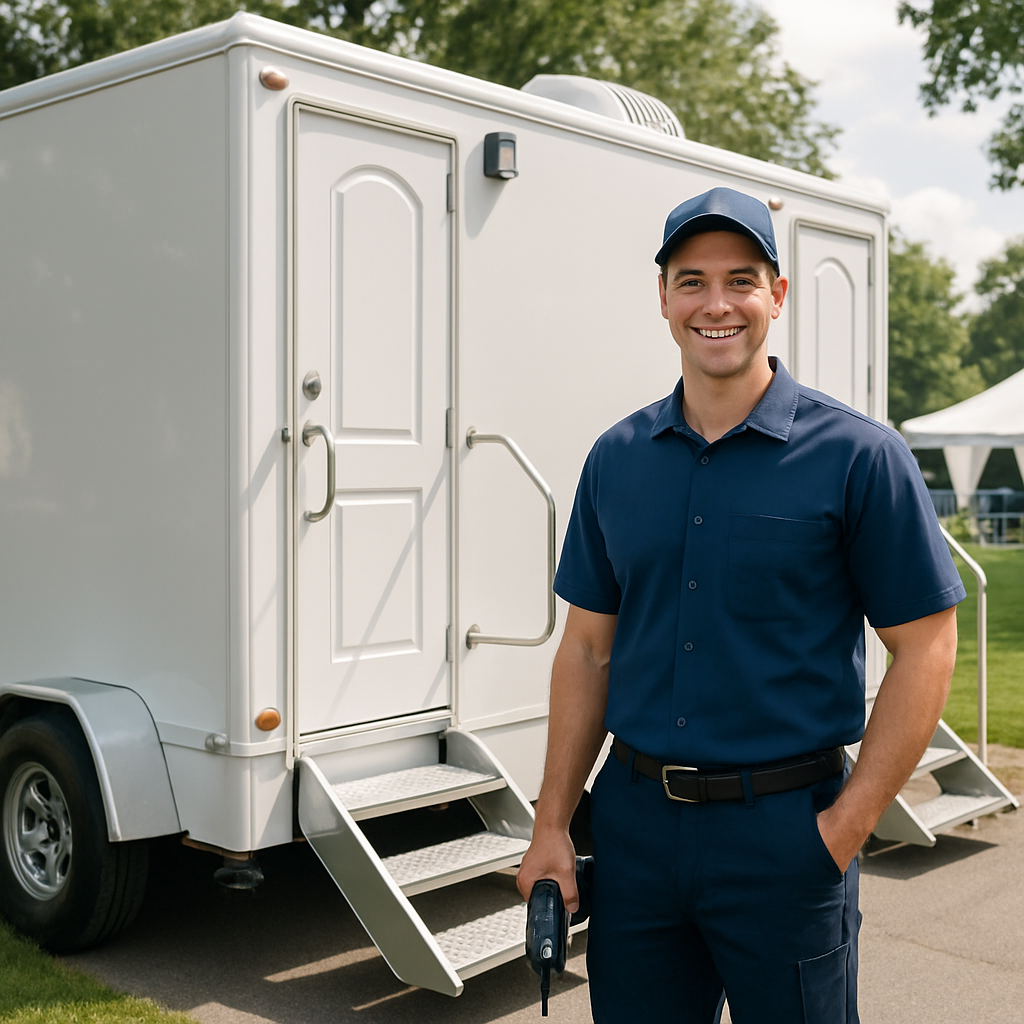 Restroom trailer attendant keeping suites clean for Jacksonville weddings, festivals, and VIP corporate events